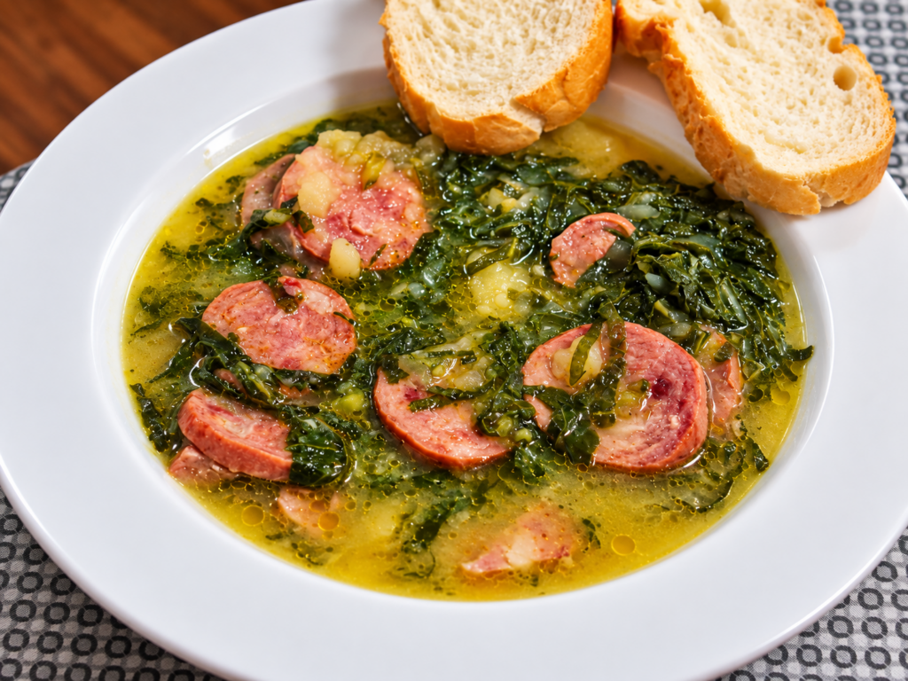 Caldo verde português tradicional com couve e linguiça